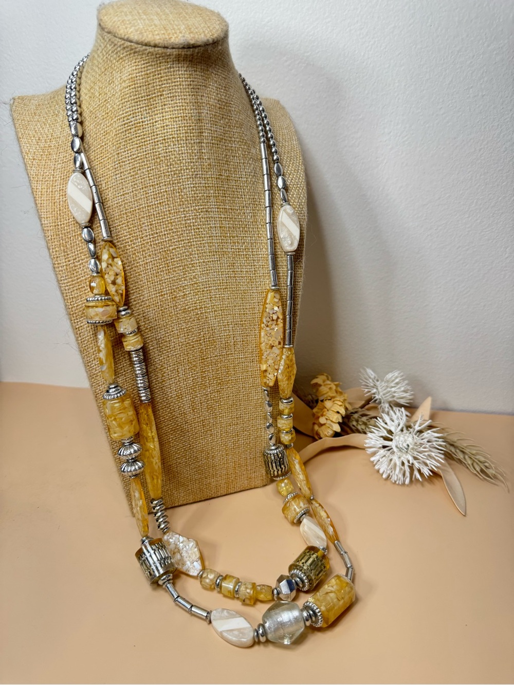Vintage 30” Yellow Cream Beaded Double Strand Statement Necklace Silver Tone